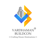Vardhaman Buildcon company logo with blue and yellow geometric graphics on a white background.