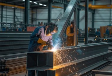 Welder joining large metal components with flying sparks in a steel fabrication factory