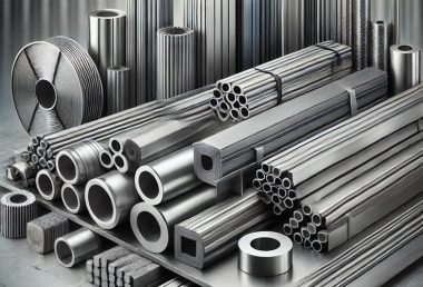 Large collection of industrial steel profiles, metal bars, and circular pipes ready for fabrication